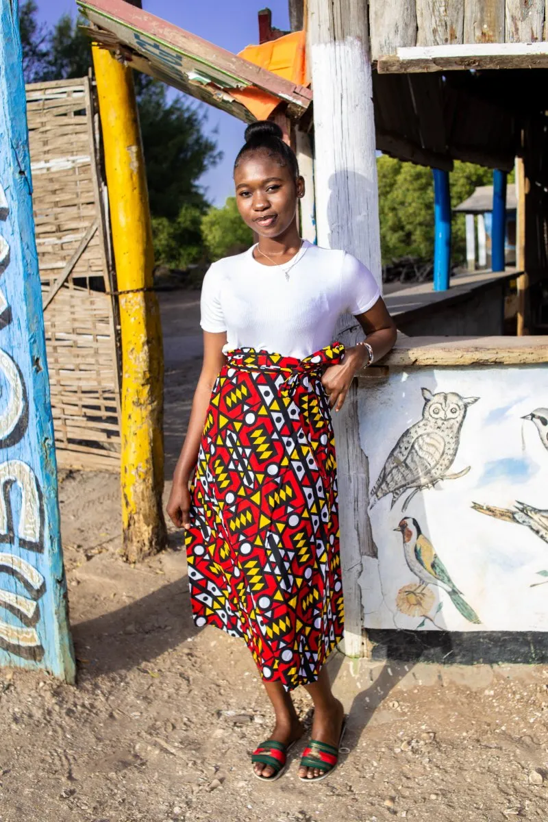 African Wrap Skirt, Maxi In Electric Red