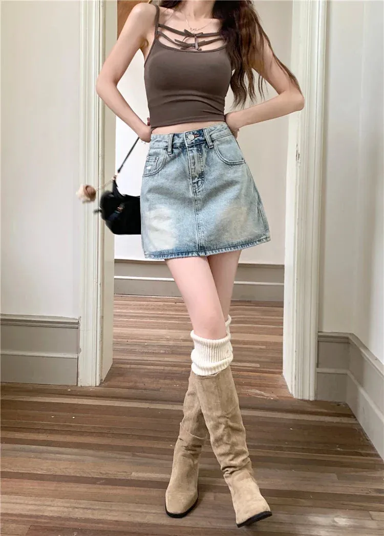 American Fashion Casual High Denim Summer Retro Streetwear Waisted Skirt