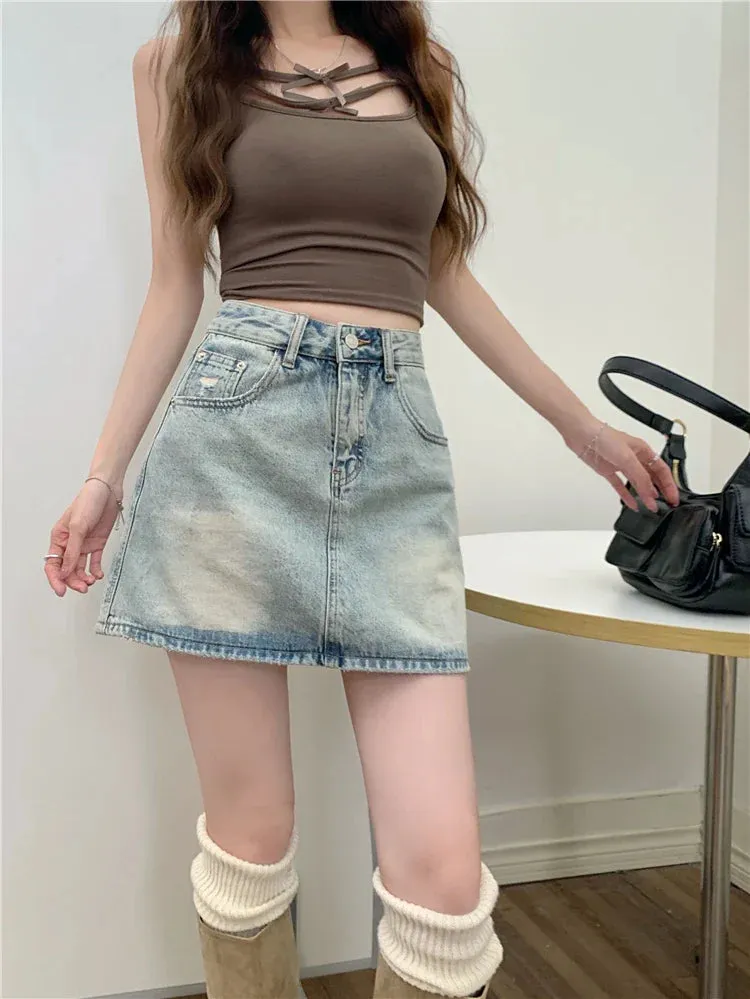 American Fashion Casual High Denim Summer Retro Streetwear Waisted Skirt