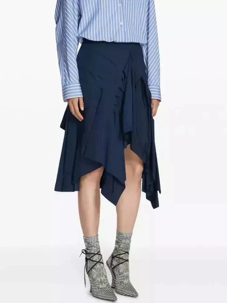 Asymmetric Pleated Midi Skirt in Navy