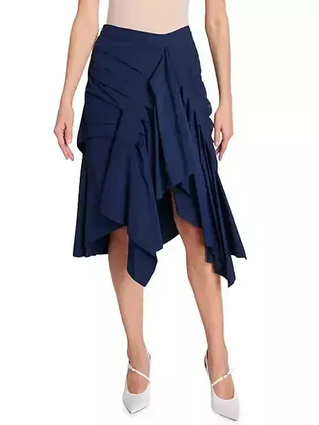 Asymmetric Pleated Midi Skirt in Navy