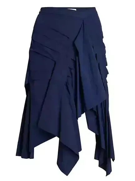 Asymmetric Pleated Midi Skirt in Navy