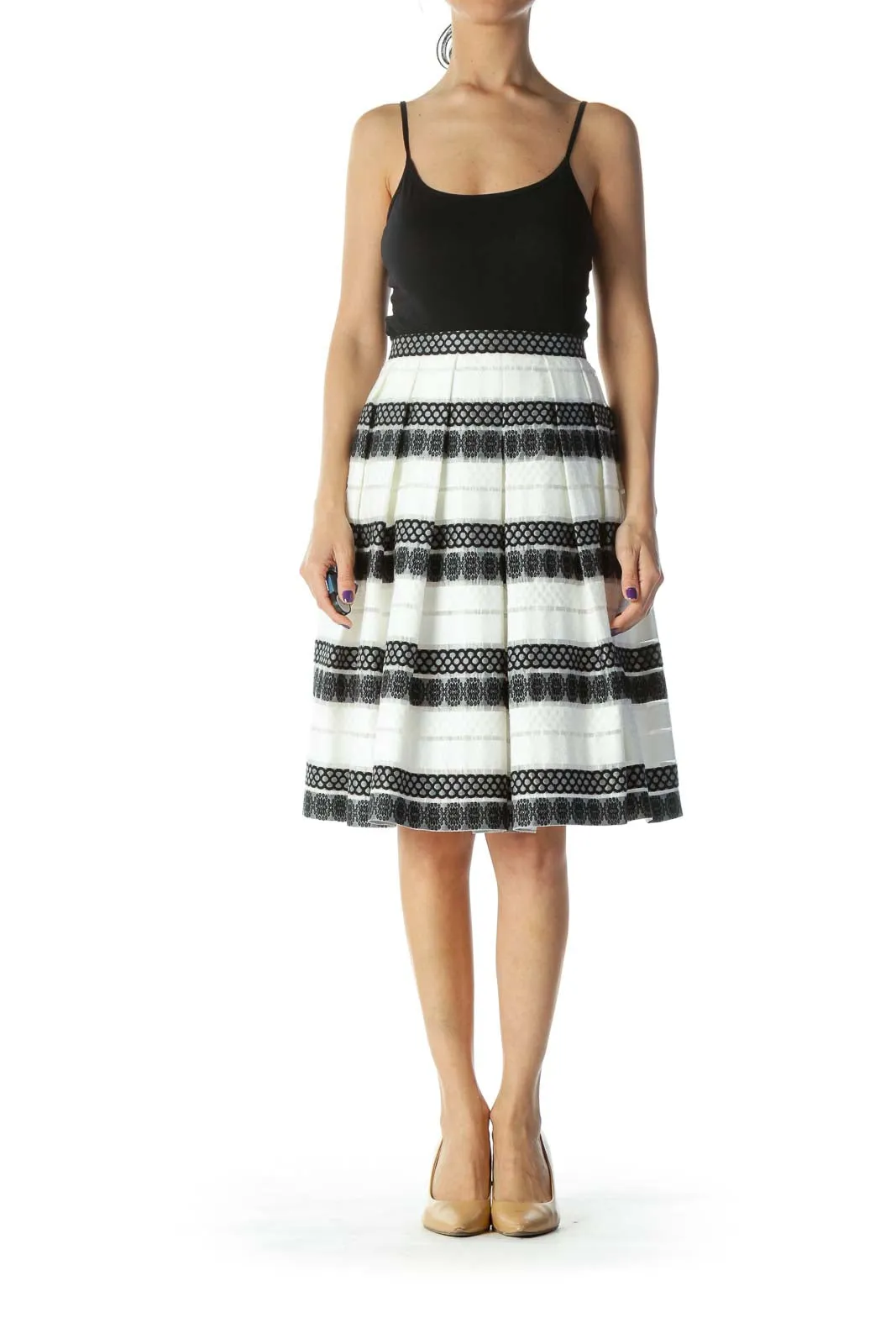 Black and White Embroidered Pleated Flared Skirt