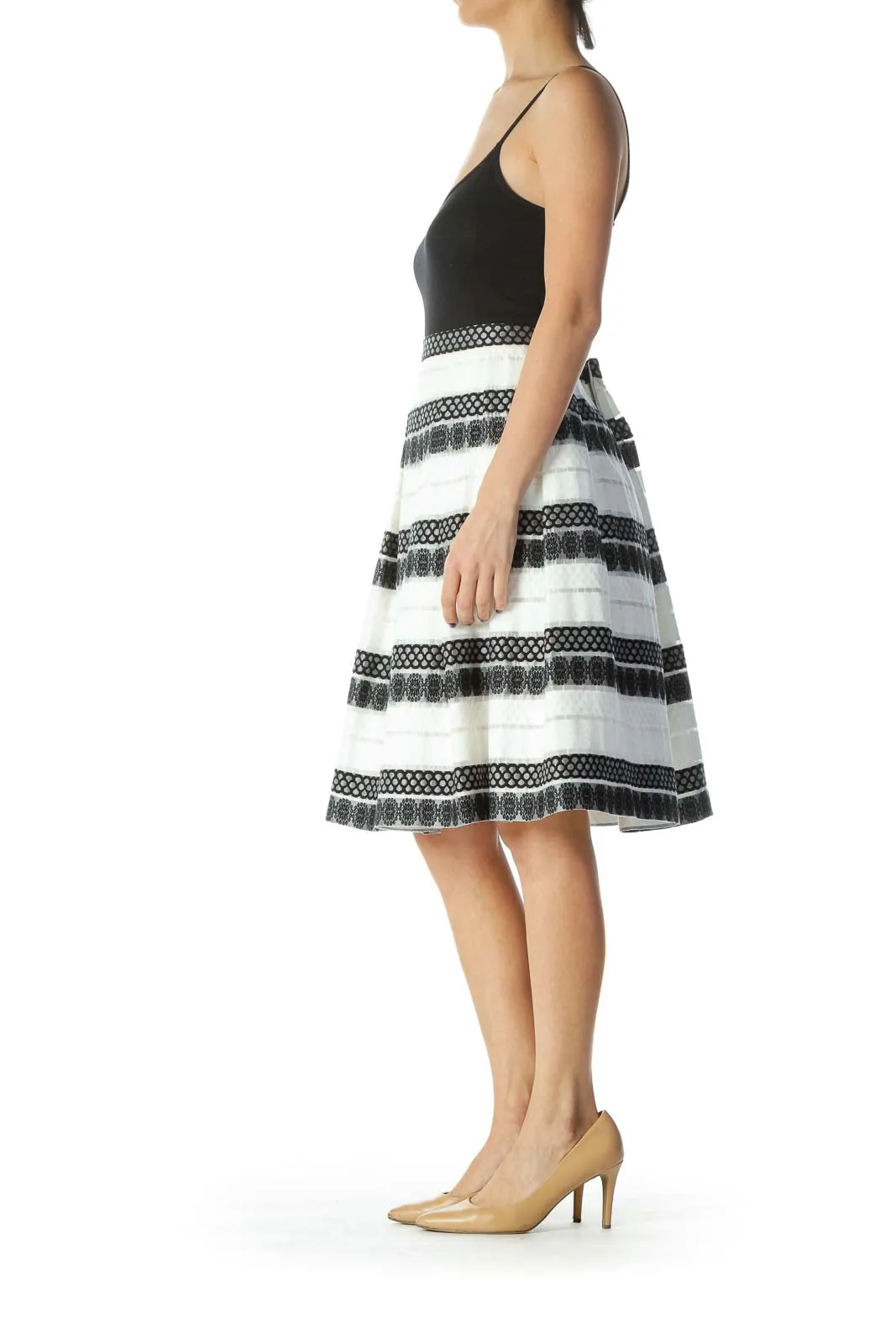 Black and White Embroidered Pleated Flared Skirt