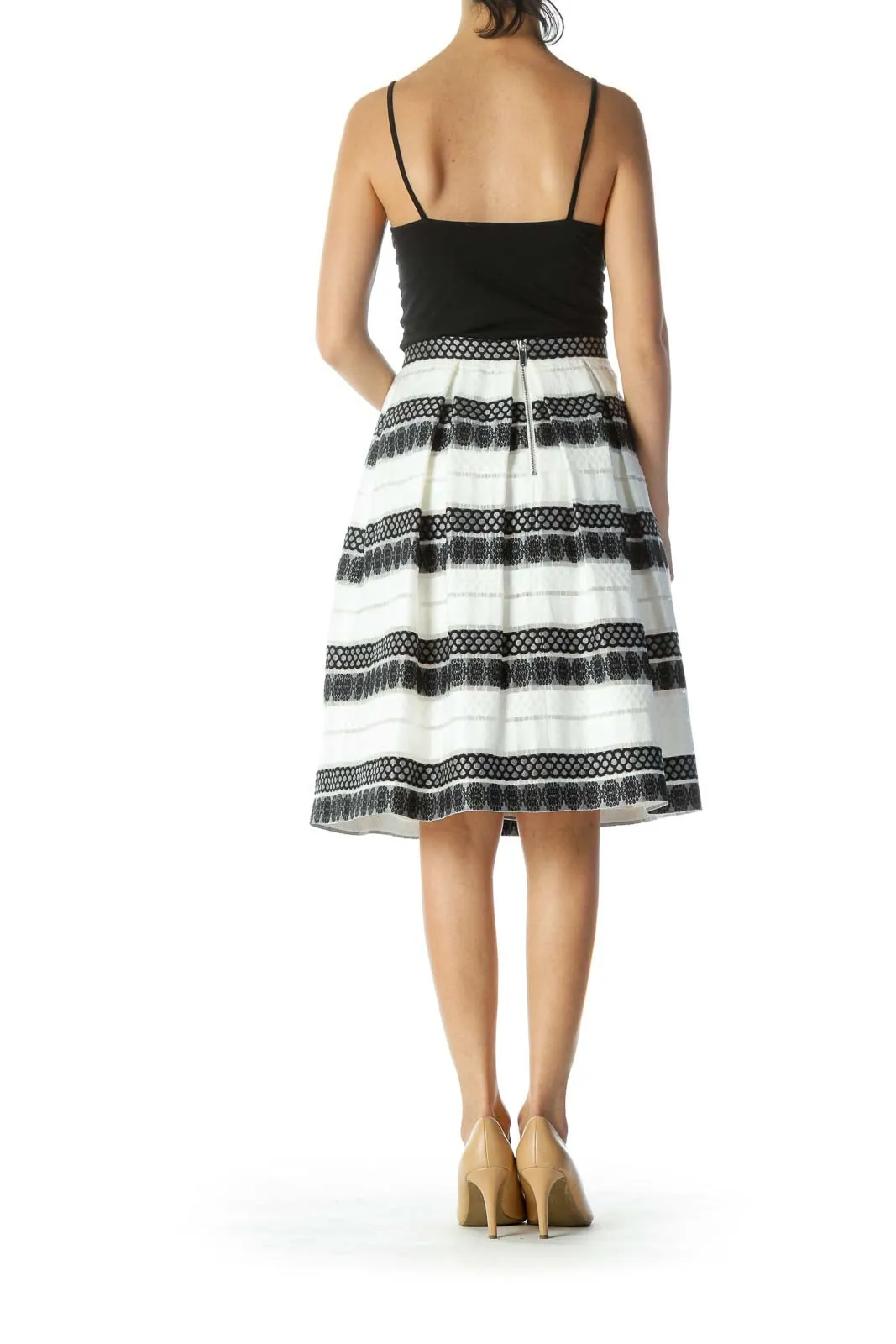 Black and White Embroidered Pleated Flared Skirt