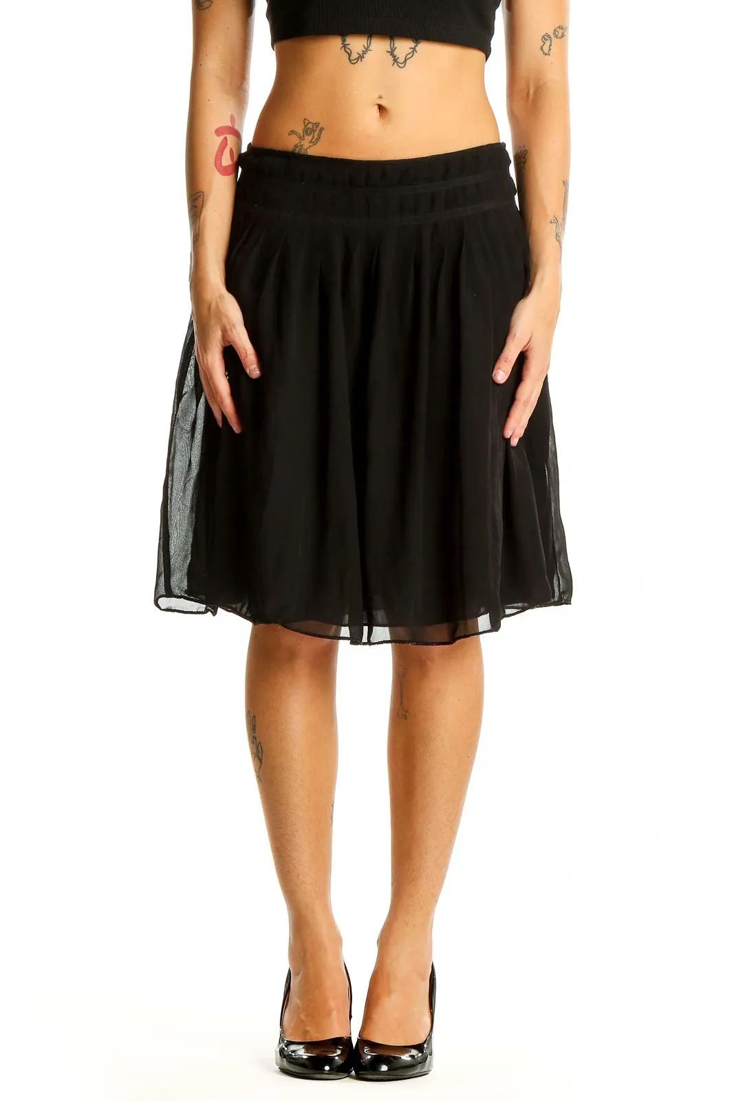 Black Pleated Chiffon Knee-Length Skirt