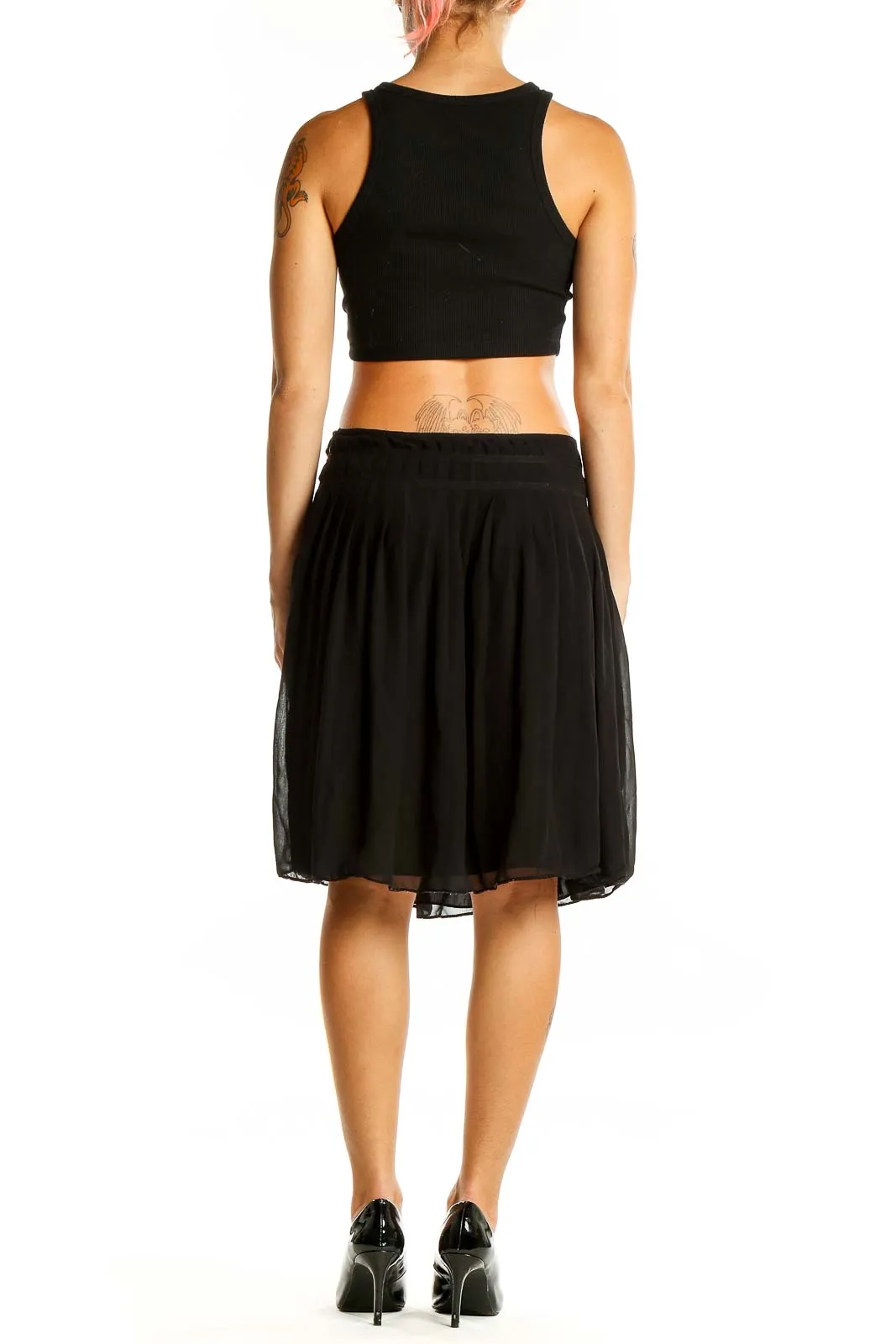 Black Pleated Chiffon Knee-Length Skirt