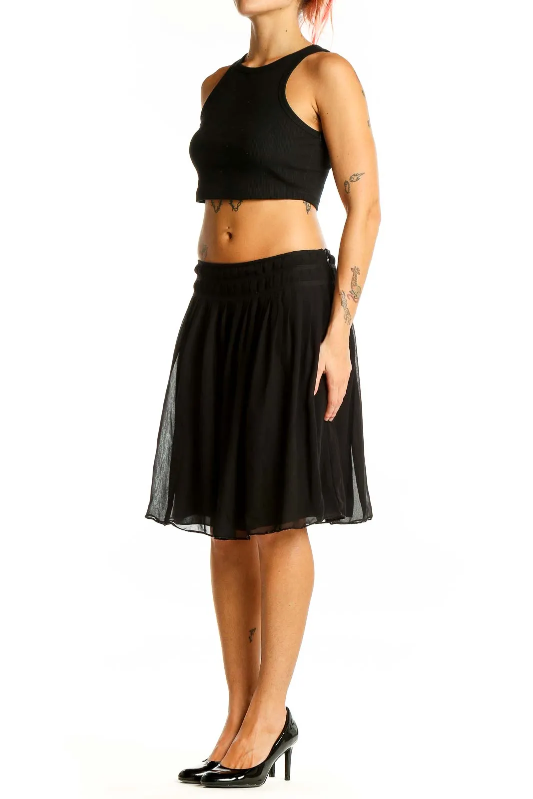 Black Pleated Chiffon Knee-Length Skirt