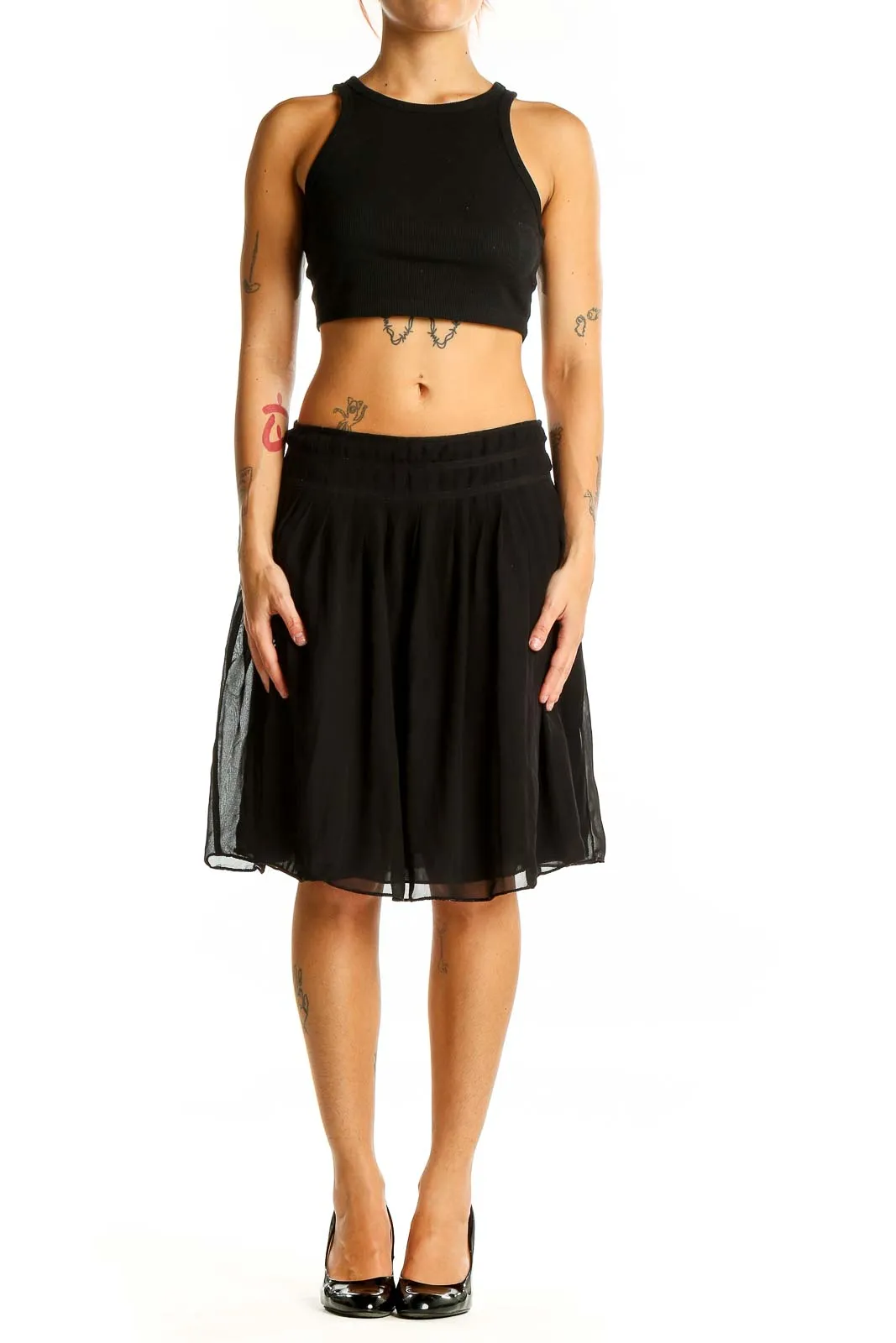 Black Pleated Chiffon Knee-Length Skirt