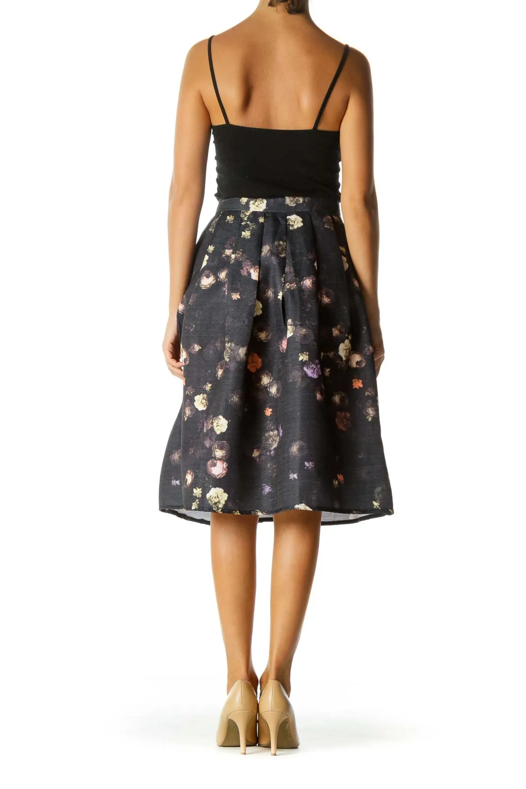 Black Purple Floral Midi Pleat Skirt