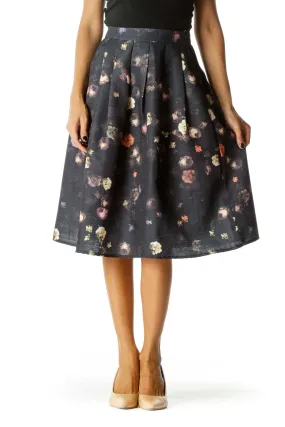 Black Purple Floral Midi Pleat Skirt