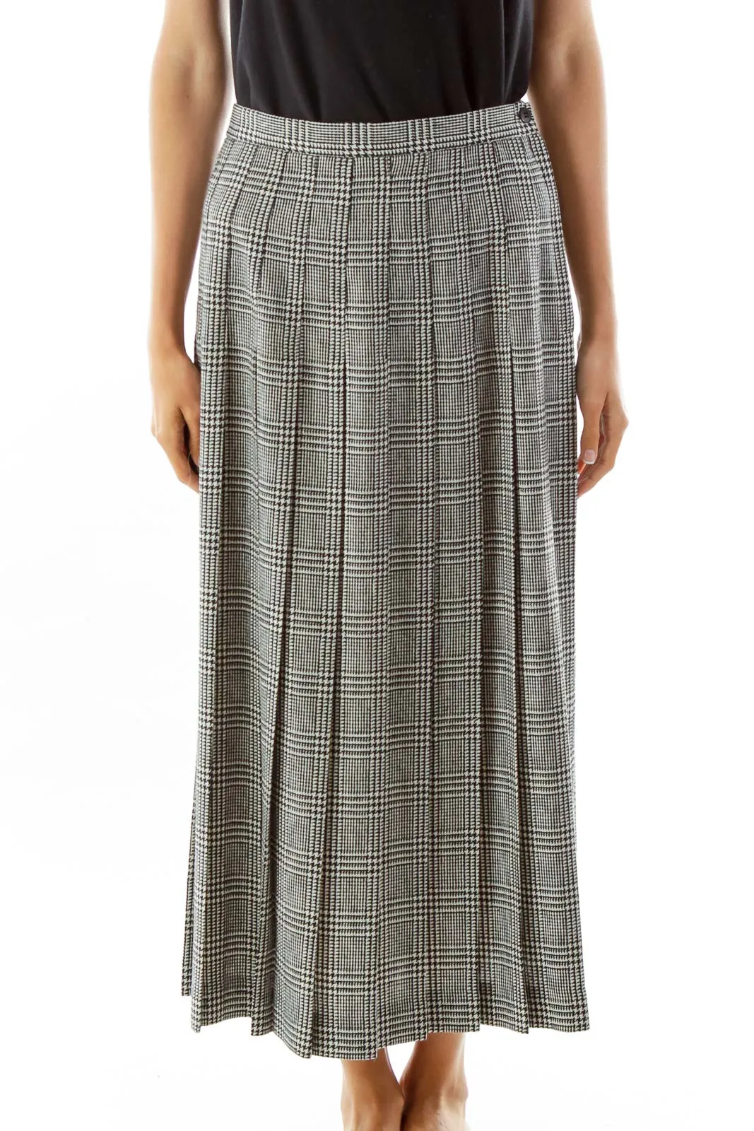 Black White Houndstooth Pleated Maxi Skirt