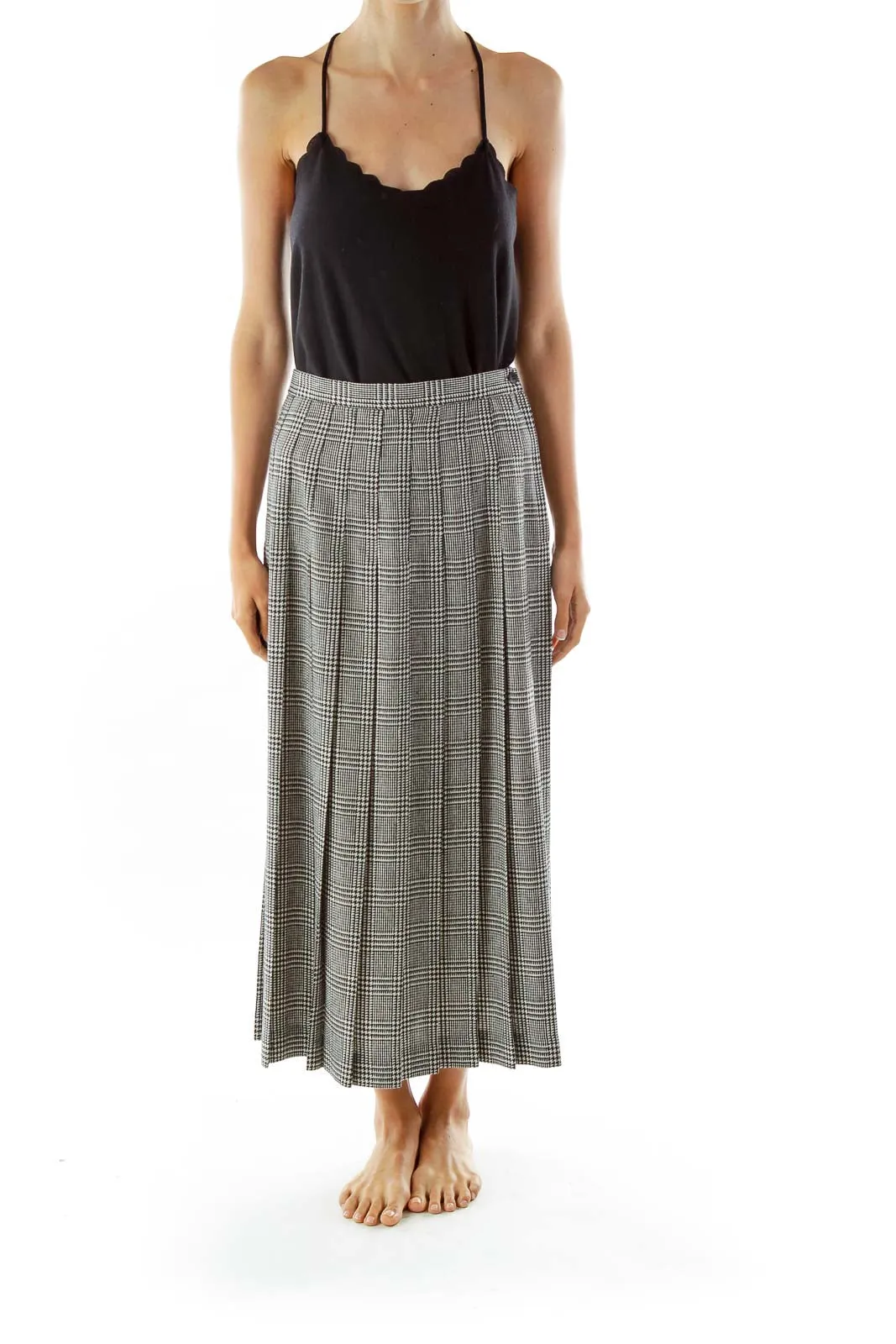 Black White Houndstooth Pleated Maxi Skirt