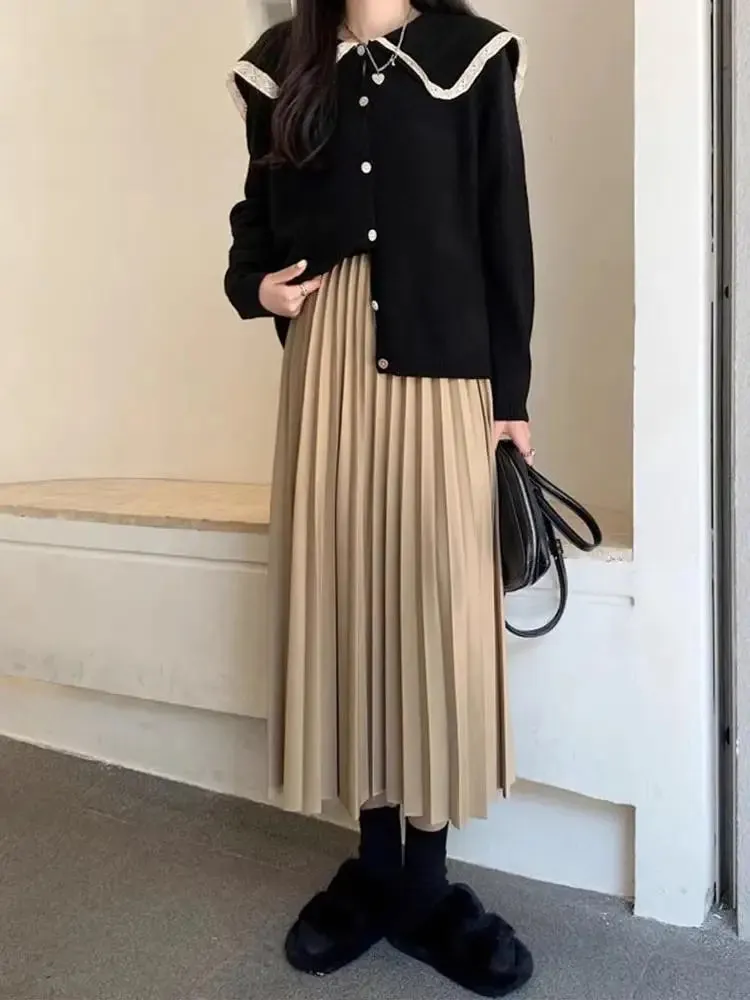 Elegant Pleated High Quality Black Midi Skirt