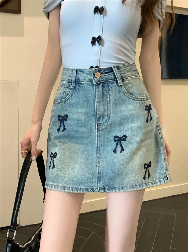 Embroidered Bow Korean Style Mini Skirt