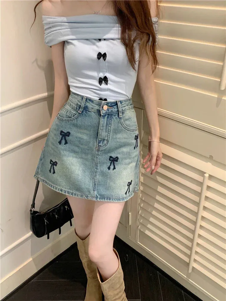 Embroidered Bow Korean Style Mini Skirt