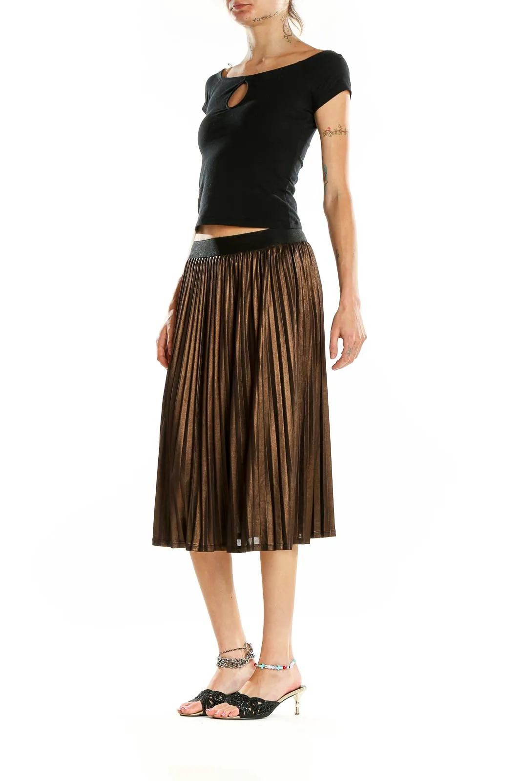 Gold  Pleated Flared Skirt