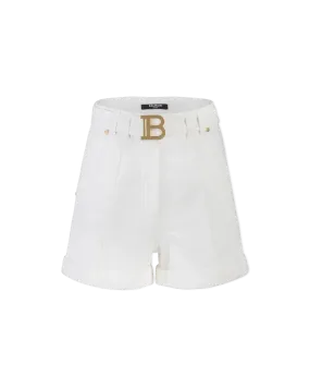 High Waisted Belted Monogram Denim Shorts