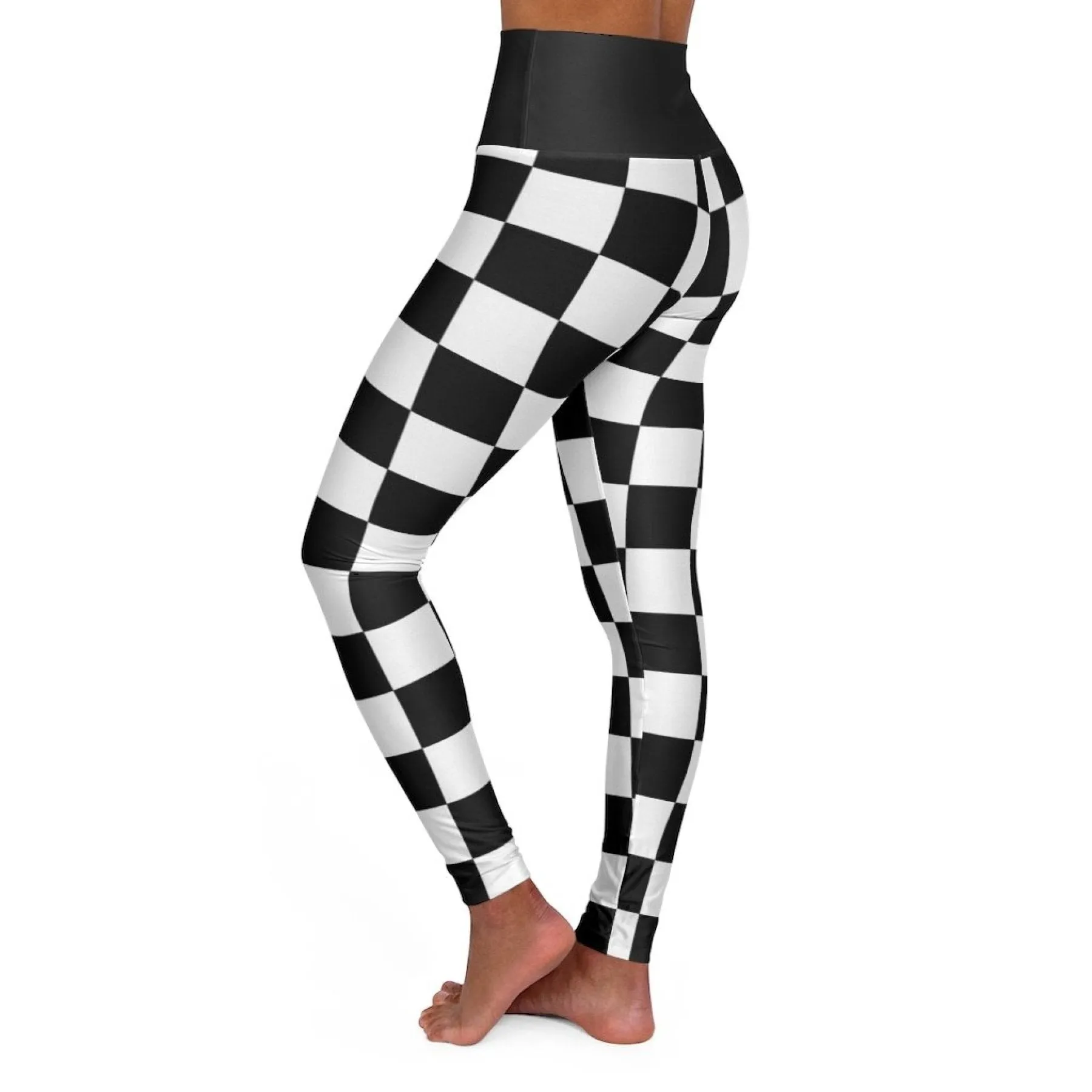 High Waisted Yoga Leggings, Black And White Checker Style Fitness Pants