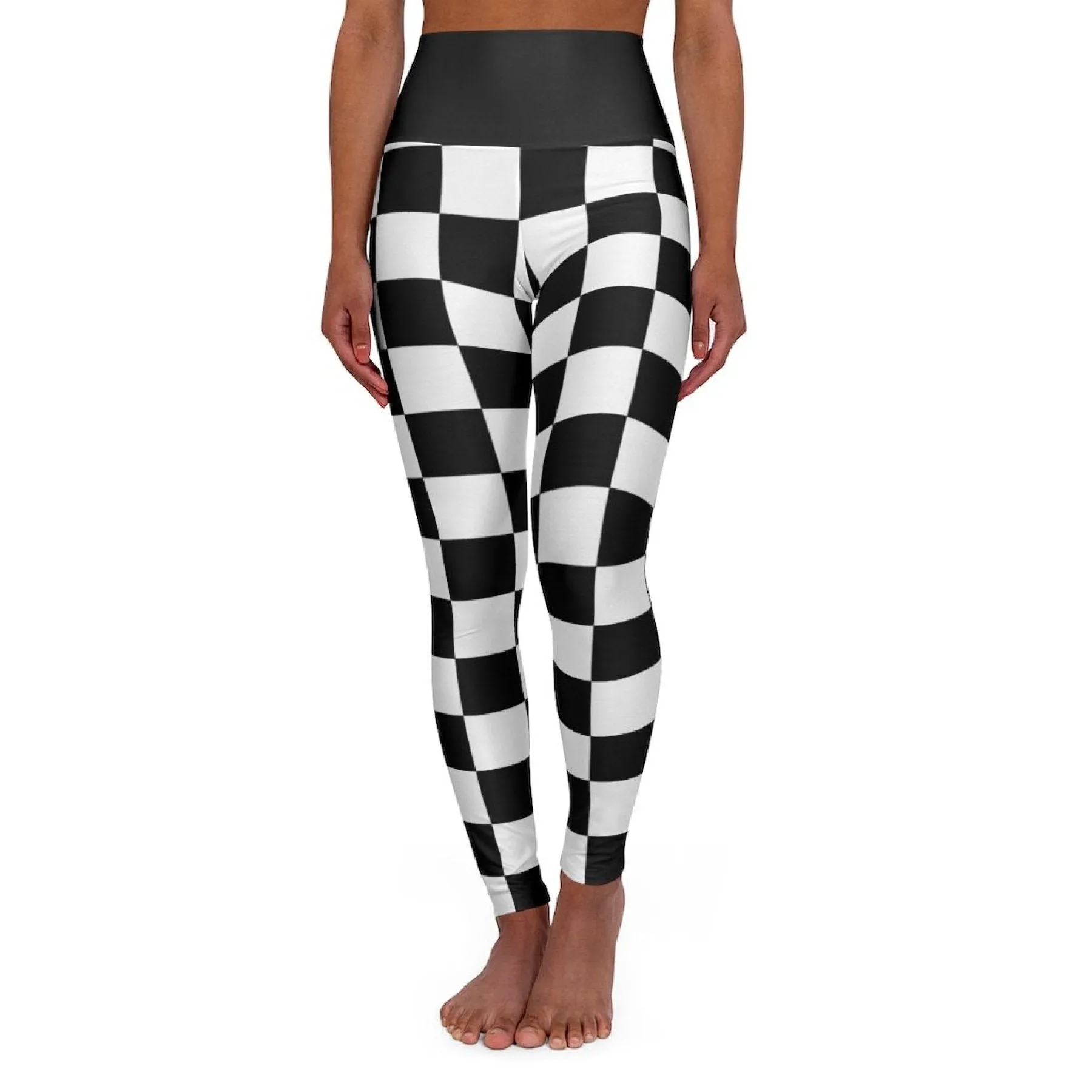 High Waisted Yoga Leggings, Black And White Checker Style Fitness Pants