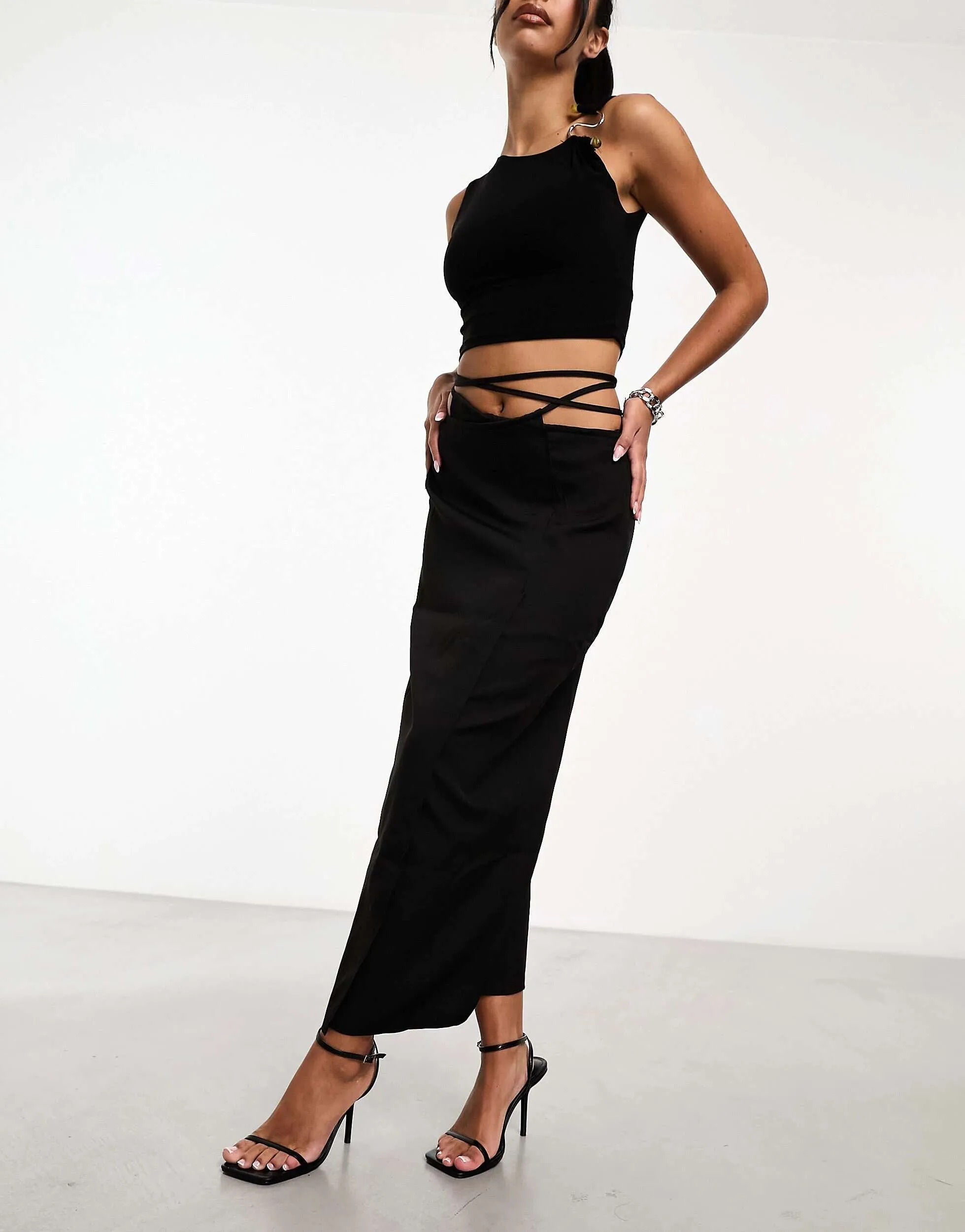 Kaiia Black Tie Waist Maxi Skirt