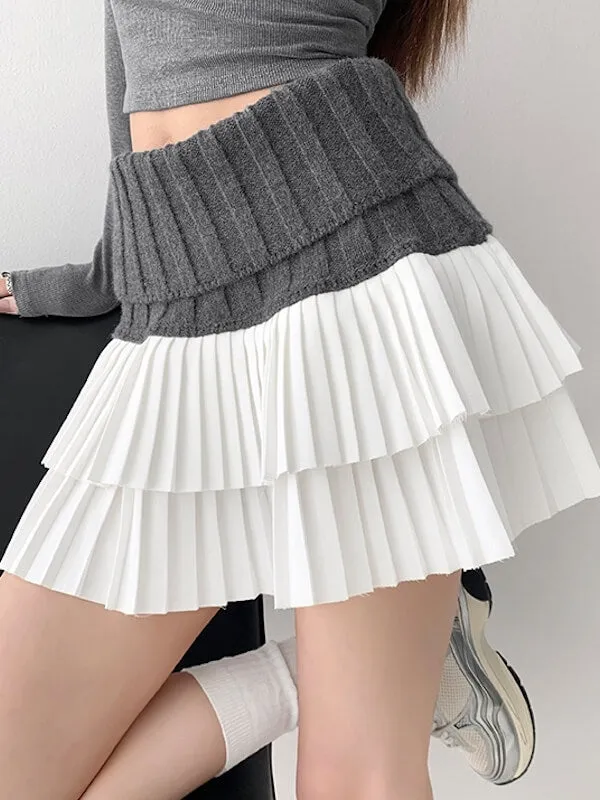 Knitted patchwork layer pleated skirt