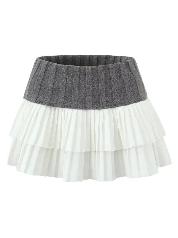 Knitted patchwork layer pleated skirt