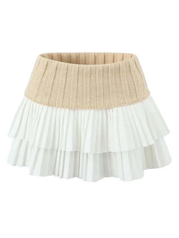 Knitted patchwork layer pleated skirt