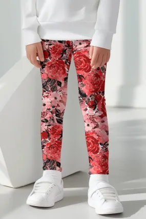 La Fleur Lucy Red Floral Printed Cute Stretchy Leggings - Kids