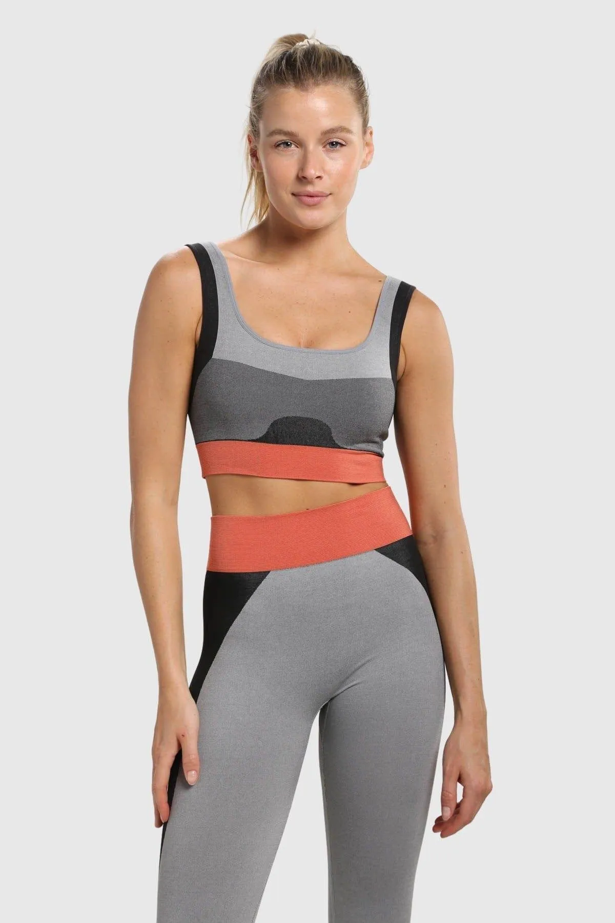 Mono B Seamless Color Block Contrast Sports Bra - Grey