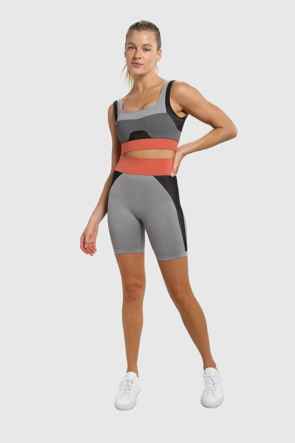 Mono B Seamless Color Block Contrast Sports Bra - Grey