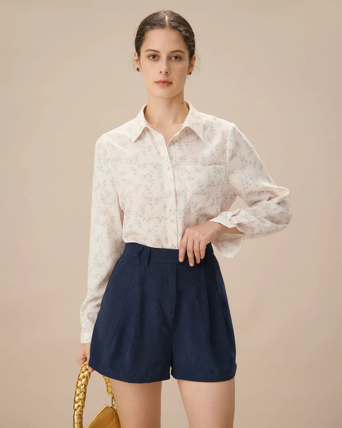 Navy High-waisted Suede Pleated Shorts