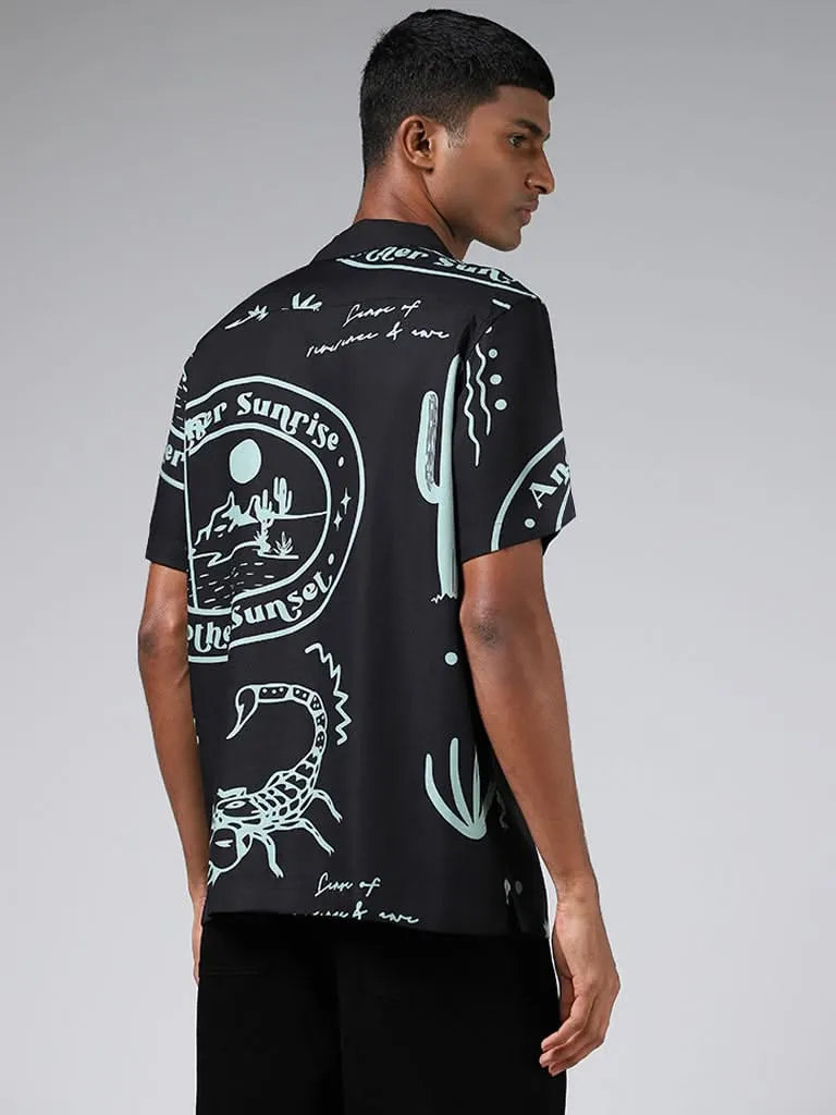 Nuon Black Abstract Printed Relaxed-Fit Blended Linen Shirt