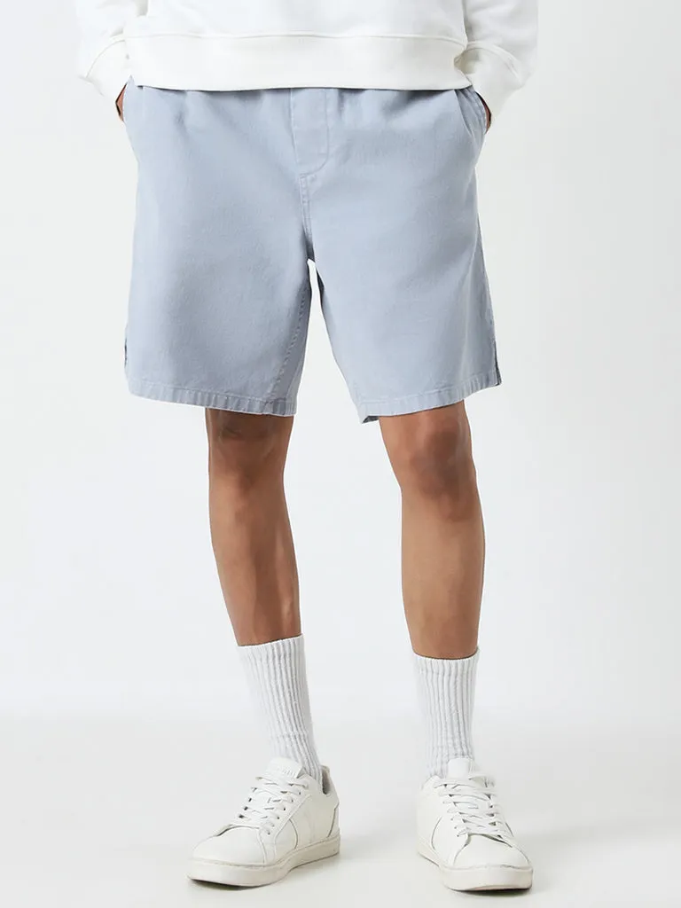 Nuon Light Blue Relaxed Fit Mid-Rise Cotton Shorts