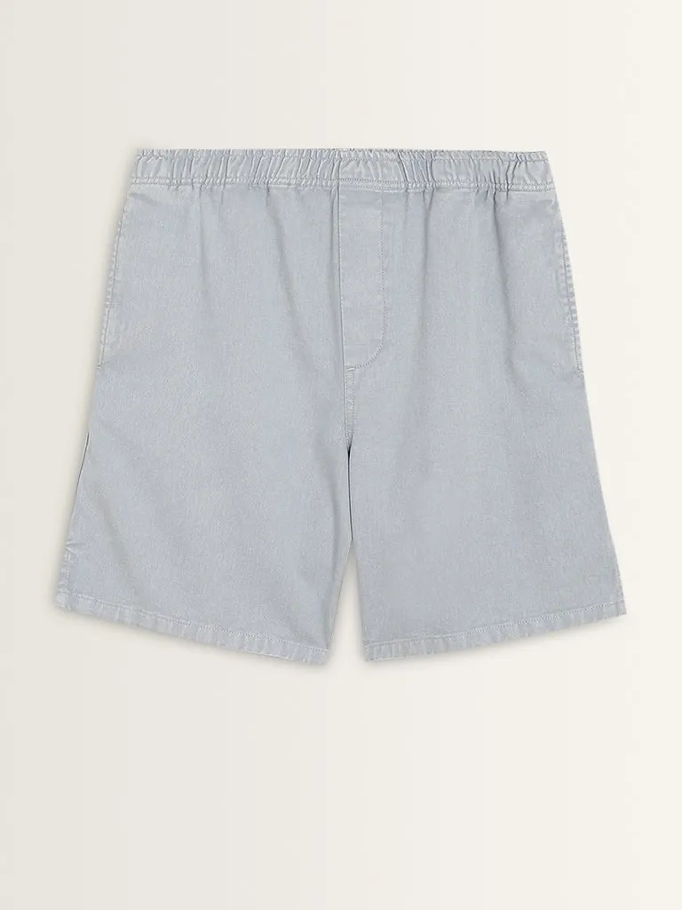 Nuon Light Blue Relaxed Fit Mid-Rise Cotton Shorts