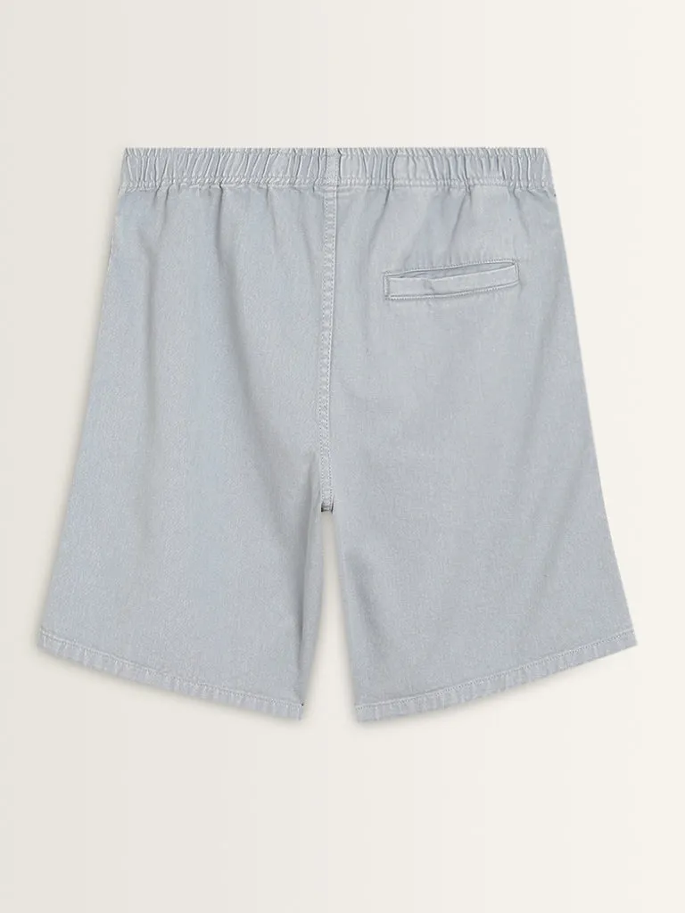 Nuon Light Blue Relaxed Fit Mid-Rise Cotton Shorts