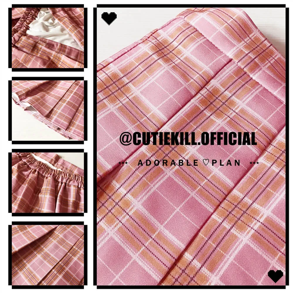 [Plus size] Kawaii pink plaid A-line tennis skirt