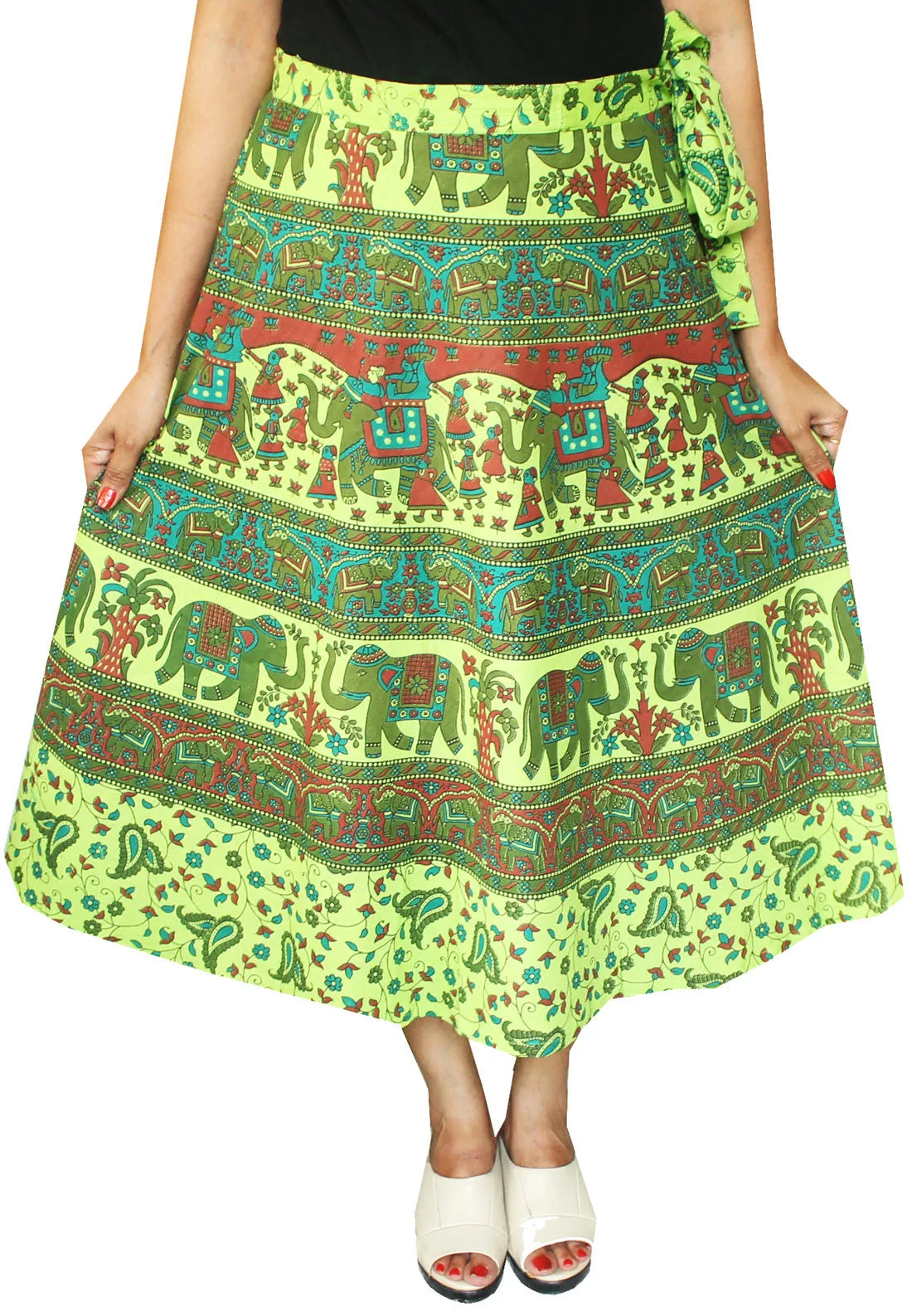 Printed Long Cotton Wrap Skirt from India Women (Green)