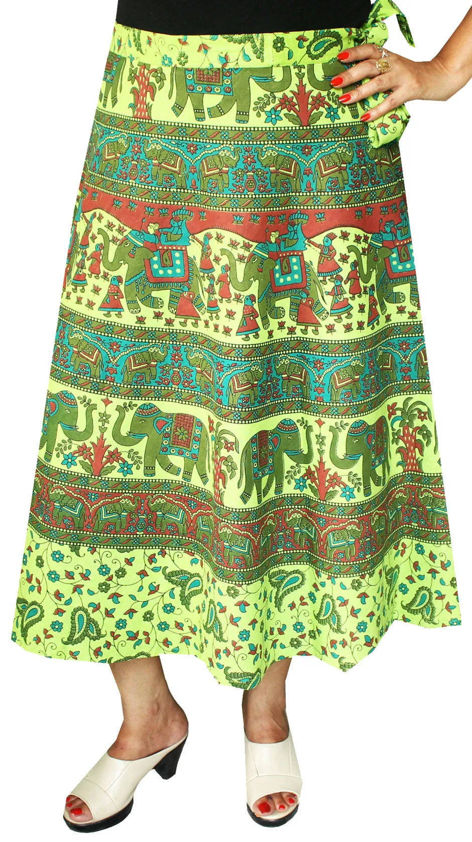 Printed Long Cotton Wrap Skirt from India Women (Green)