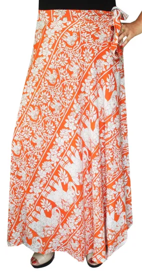 Printed Long Rayon Wrap Skirt India Women (Orange)