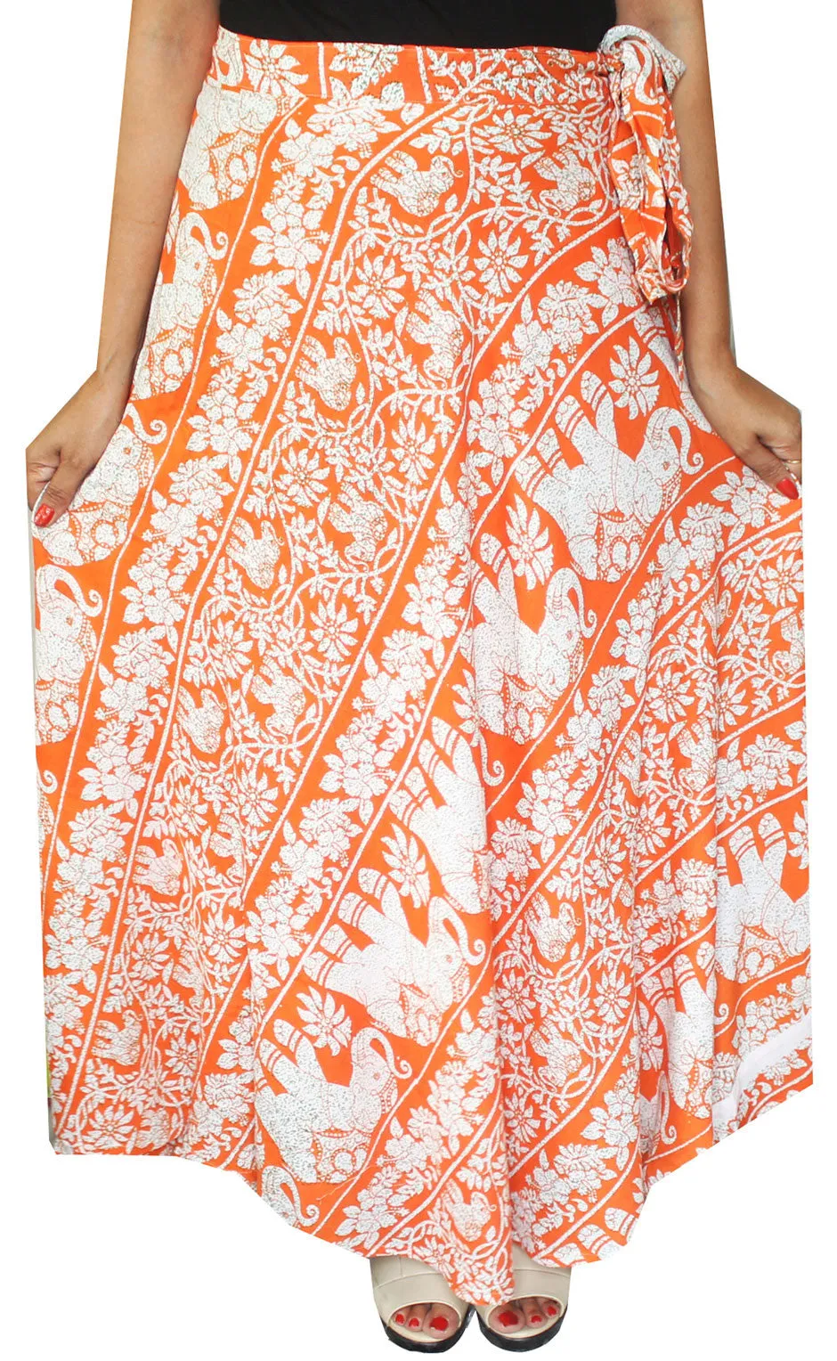 Printed Long Rayon Wrap Skirt India Women (Orange)