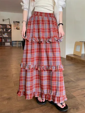 Ruffle Trim Plaid Maxi Skirt