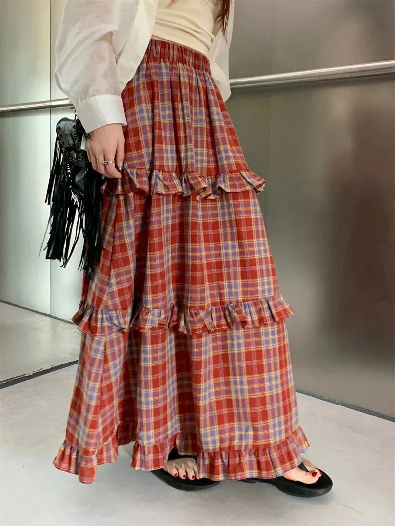 Ruffle Trim Plaid Maxi Skirt