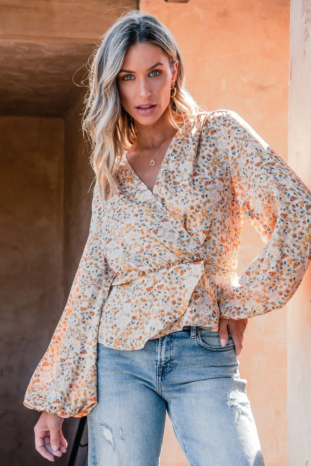 Taupe Floral Print Surplice Top