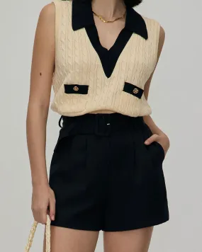 The Black High-waisted Pleated Belted Shorts