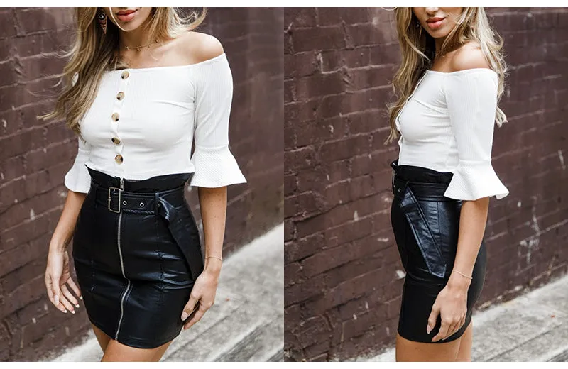 VenusFox black High waist leather zipper mini skirts