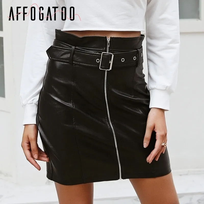 VenusFox black High waist leather zipper mini skirts