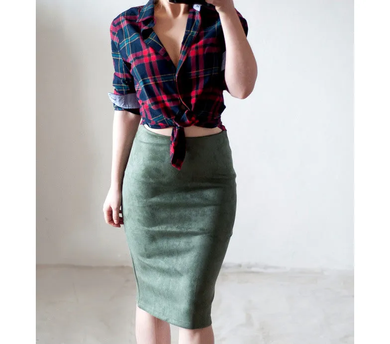 VenusFox Vintage Suede Knee-Length Pencil Skirts Plus Size