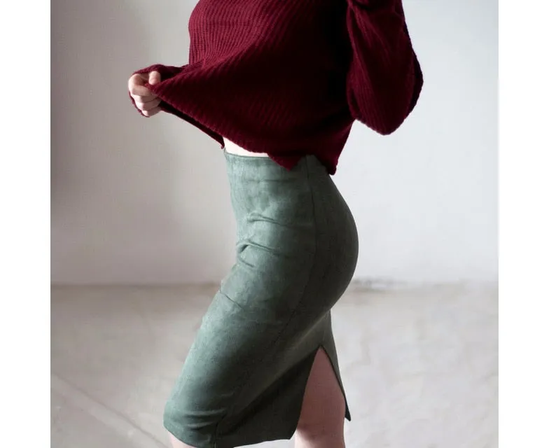 VenusFox Vintage Suede Knee-Length Pencil Skirts Plus Size