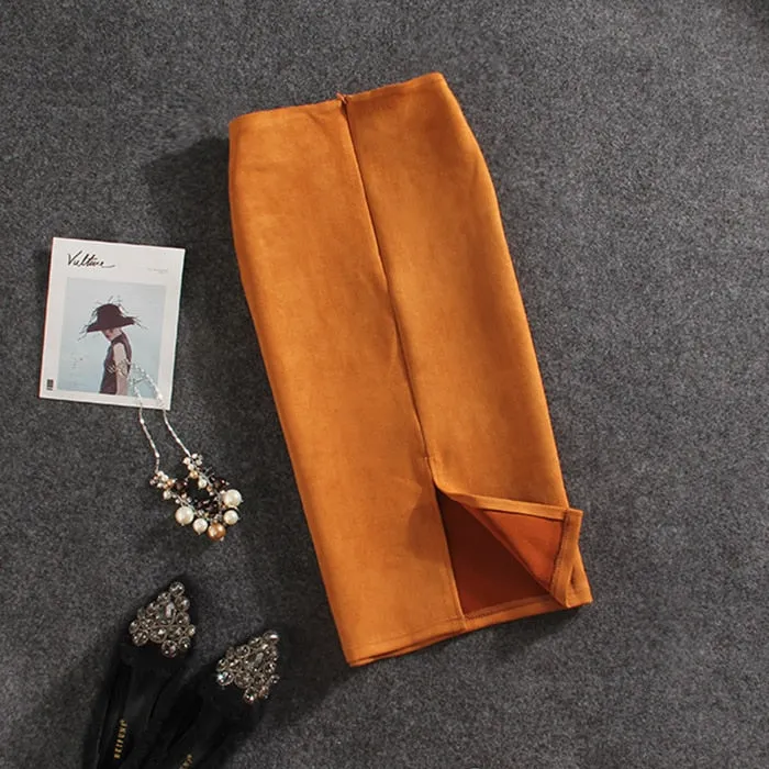 VenusFox Vintage Suede Knee-Length Pencil Skirts Plus Size